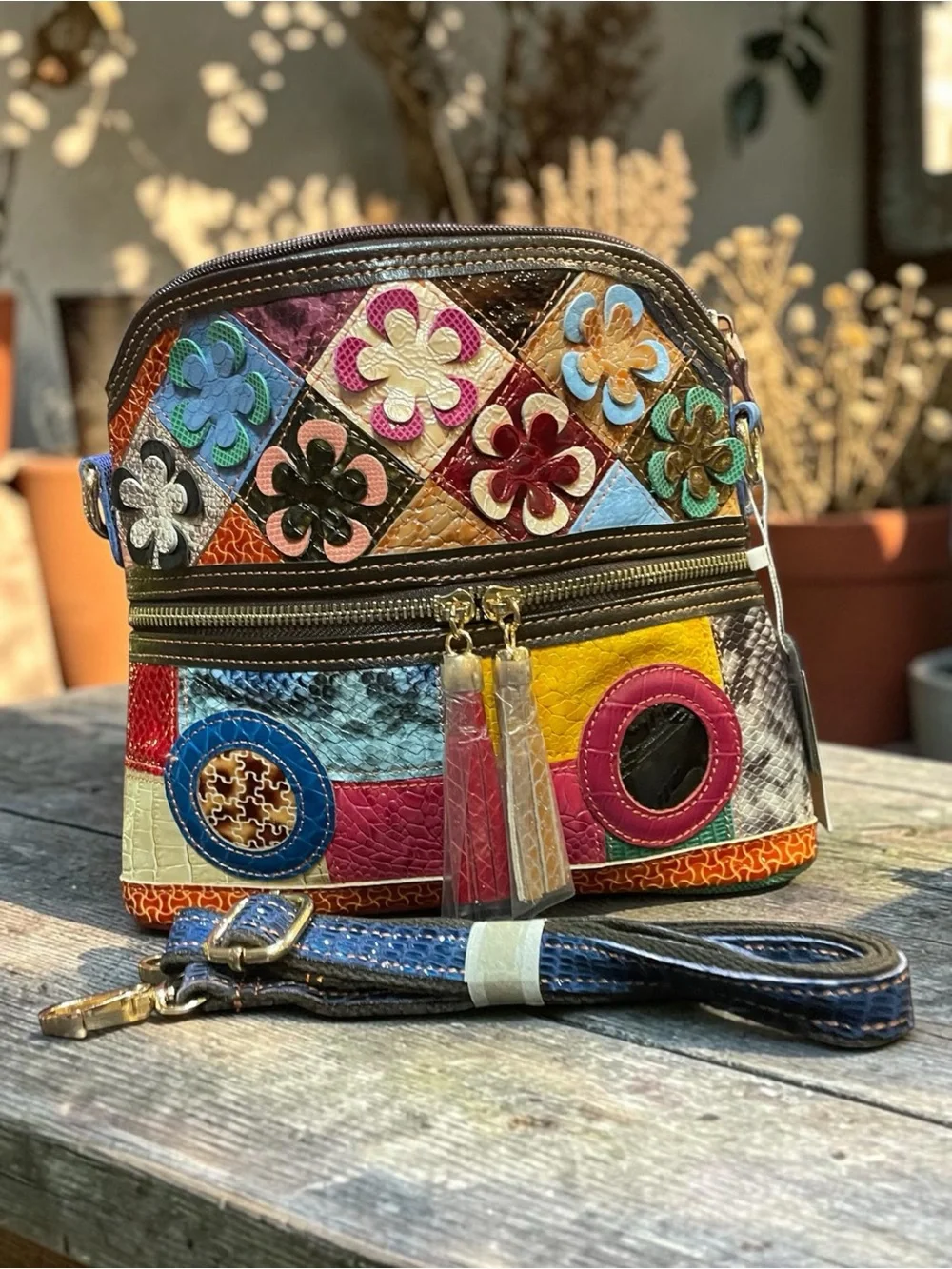 Colorful Patchwork Floral Crossbody Bag - Tassel Zips - Upcycled - Leather